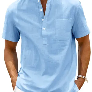 Chemise Henley en lin pour homme, col uni, manches courtes, fermeture pour le quotidien, les occasions professionnelles, les occasions formelles d'été, haut décontracté en taille XL - Product Image 6