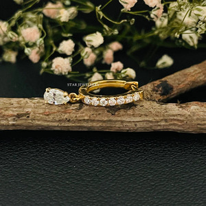 14K <b>Solid</b> <b>Gold</b> Pear Drop Natural Diamond <b>Huggie</b> Earring Fine Jewelry. - Product Image 5