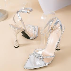 Zapatos de Mujer Primavera Otoño 2026, Estilo Moderno, Plateados con Cuentas Blancas, Tacón Transparente, Correa de Tobillo, Plataforma, Tacón Alto - Product Image 4