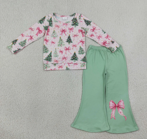 Ensemble de pyjamas pour filles en spandex/polyester écologique pour Noël, sans manches, imprimé nœud rose et sapin, pantalon vert confortable à bas évasé - Product Image 4