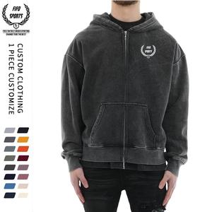 Fabricant personnalisé 400gsm poids lourd Sun Fade Crop Boxy Zipper Vintage Distressed Broderie Patch Hommes Acid Wash Zip Up Hoodie - Product Image 1