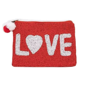 Broderie LOVE design cœur perles blanches mini sac à fermeture éclair avec pompon porte-monnaie mignon par MD HANDICRAFTS - Product Image 2