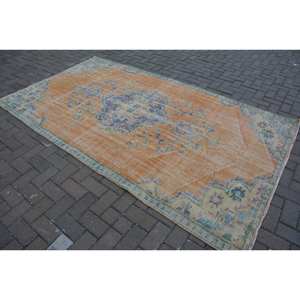 Alfombra turca Vintage, diseño de retazos naranja y azul, 5,1x8,9 pies, tejido plano de lana con respaldo de látex para decoraciones de sala de estar - Product Image 4