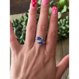 Zuni Made <b>Blue</b> <b>Opal</b> & Sterling Silver Adjustable <b>Ring</b> Gold Plated Bezel Set - Product Image 2