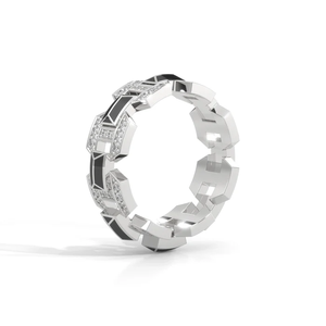 Bague chaîne géométrique Hexa Link en argent sterling 92,5 avec émail noir et diamants pavés, maillons hexagonaux alternés, style moderne - Product Image 4