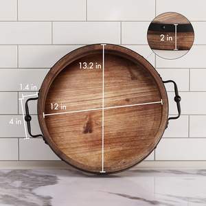 Plateau de table basse rond-Plateau de service en bois de ferme de 13 ''avec poignées en métal-Plateau décoratif rond pour table basse-Rond - Product Image 6