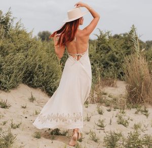 Robe bohème à dos ouvert, longue, en coton brut, teinture végétale, imprimé en bloc, matière naturelle, couleur blanche, été, plage - Product Image 4