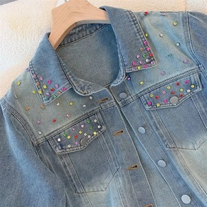 แจ็กเก็ตยีนส์ตัวสั้นสีน้ำเงินสำหรับผู้หญิงใส่ในฤดูร้อนเสื้อแจ็คเก็ตยีนส์แขนสั้นมีเพชรปกเสื้อโค้ทนักเรียนทั่วไป - Product Image 5