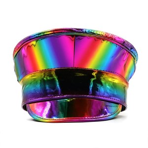Béret Prom Performance Bar Cosplay Chapeau militaire en cuir PU Arc-en-ciel Gay Pride Laser Casquette de capitaine en cuir verni - Product Image 2