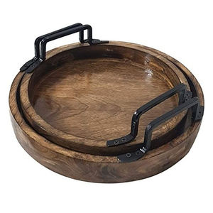 Producto de alta calidad, utensilios de cocina, bandejas circulares de bambú de madera con asas de metal - Product Image 1