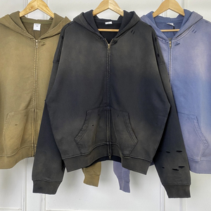 เสื้อฮู้ดดี้สตรีทแวร์ผ้าเฟรนช์เทอร์รี่เนื้อหนัก 420GSM แบบย้อมสีเอซิดวอช แต่งลายปักซันเฟด ซิปคู่ ปรับแต่งได้ สำหรับผู้ชาย (OEM) - Product Image 2