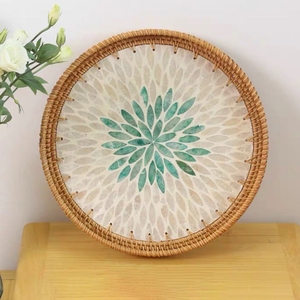 Ensemble de plateaux décoratifs ronds en osier, best-seller, tissage à la main, rotin naturel, mosaïque, incrustations de nacre - Product Image 4