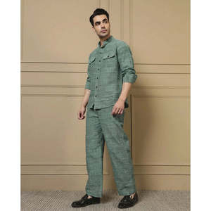 Deebaco <b>Men's</b> Mint Green Cotton Textured Plaid Co-ord Set Mandarin Collar Full Sleeve Kurta With Pant Set Smart Casual Spring - Product Image 3
