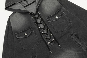 Sudadera con capucha de mezcla de algodón 100% lavado desgastado para hombre, sudaderas con capucha de invierno con ojales de bolsillo y diseño con cordón - Product Image 3