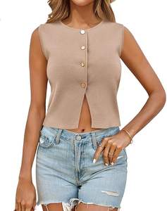 Débardeurs et T-shirts d'été pour femmes, mignons, respirants, avec logo frontal, col trou de serrure, sans manches, tricotés, style mode décontracté, modèle 2026 - Product Image 2