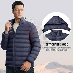 Lightweight Mens Detachable Hood Puffer Jacket Water Resistant Insulated <b>Coat</b> with Elastic Cuffs Adjustable Hem - Product Image 5