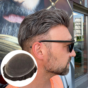 Protesi Capillare Completa in Pizzo per Uomo, Sistema di Sostituzione Capelli Grigi, Parrucca Toupee per Uomini Anziani, Topper Protesico Marrone Scuro Grigio per Uomo - Product Image 1