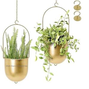 Atractiva maceta colgante de pared de Metal chapado en oro forma ovalada para decoración de entrada del Hogar maceta colgante de flores con cadena - Product Image 1