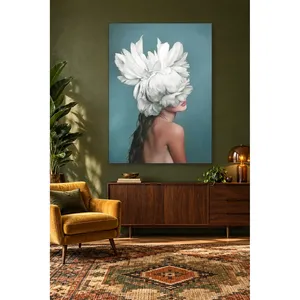 Fida Turquoise Background Woman with White Feather Headdress <b>Canvas</b> Print - Product Image 3