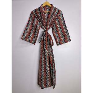 Kimono Boho de Algodón Puro Estampado a Mano de la India, Vestido de Verano para Playa, Túnica Roja y Azul con Estampado Geométrico, Cubre Traje de Baño para Navidad - Product Image 3