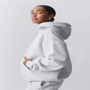 Sweat à capuche oversize avec poche kangourou sur le devant rose, épaules tombantes, uni, manches longues, en coton, pour femme - Product Image 3