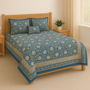 ชุดเครื่องนอนพิมพ์ลายดอกไม้สไตล์โบโฮขนาดซูเปอร์คิงไซส์100% ผ้าฝ้ายแท้สีเหลืองสีน้ำเงิน - Product Image 1