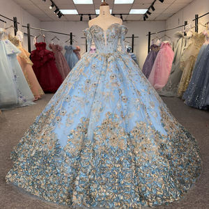 Robe de bal Quinceañera élégante bleu cristal imprimé, antistatique, longueur ras du sol, avec manches en forme de fleur et traîne chapelle, modèle 6974 - Product Image 1