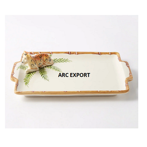 Resina de Color naranja claro con mango de diseño de hoja dorada para la bandeja de servicio de calentador de comida de Material de mármol más vendida a la venta - Product Image 3