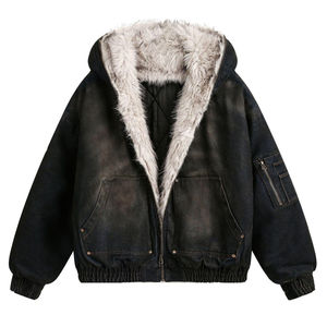 Veste en jean à capuche unisexe personnalisée, en molleton de coton de haute qualité, fermeture éclair, délavée au soleil, noire, avec doublure en fourrure, coupe ample, design 2026 - Product Image 2