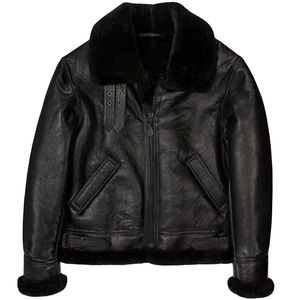 Veste bomber aviateur noire OEM en peau de mouton pour homme Ceinture à la taille Vêtement d'extérieur en cuir de qualité supérieure personnalisé pour l'hiver Fabriqué à Sialkot Pakistan - Product Image 1