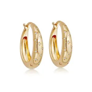 Lucky Jewelry 18k Gold Plated Celestial Diamond tiny Starburst Star Hoop Earrings For Women