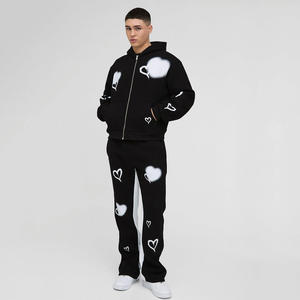 Pantalon de survêtement à capuche Ensemble de jogging Pantalon cargo Survêtement surdimensionné Boxy All Over Heart Imprimé Zip Through Survêtement à capuche pour homme - Product Image 1