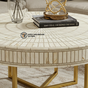 Forte demande sur la table basse ronde en incrustation d'os beige Table à motif rayé avec base en métal doré - Product Image 5