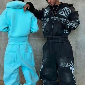 Conjunto Deportivo Holgado con Capucha y Cremallera Completa, Bolsillos Laterales, Estilo Vintage Desteñido, Estampado Gráfico, para Hombre - Product Image 4