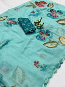 Sari de algodón Chanderi suave para mujer con bordado Aari y borde con trabajo de corte, hecho en India, en stock. - Product Image 2