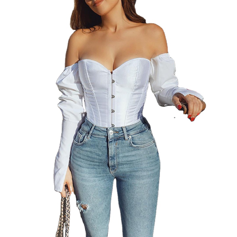 Adorable atasan berkilau bahu jatuh abu-abu Puff lengan korset atasan Halter wanita baru seksi Bustier korset crop Top blus & Jeans