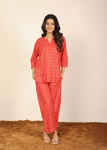 Đẹp đỏ trắng <span class=keywords><strong>gingham</strong></span> 100% cotton kurta Set v-cổ Top với nút quần thẳng trang trí Indo Tây co-ord phong cách - Product Image 2