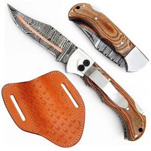 Handmade Damascus Steel Folding Pocket <b>Knife</b> with Copper Blade Customizable Wood Handle Anniversary Gift or Groomsman Present - Product Image 3