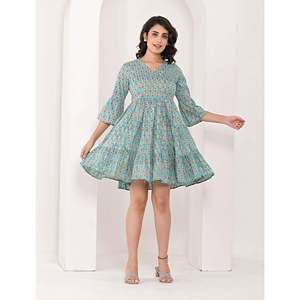 Robe en coton vert à imprimé bloc, taille élastique, respirante, style décontracté pour le bureau, style chinois, occasions de club, fourniture ODM - Product Image 4