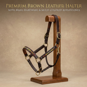 Harnais d'anglaise en cuir marron foncé avec frontale ornée de cristaux multicolores et de clous, ferrures en laiton, personnalisable et réglable - Product Image 2