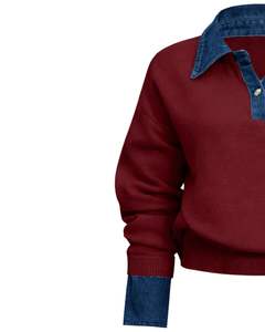 Maroon Fleece Sweater With Blue Denim Collar <b>Women</b> Oversized Winter <b>Knit</b> Pullover Casual Warm Fashion <b>Top</b> For Wholesale Supply - Product Image 3