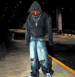 2025 Washed Heavyweight 100% Cotton <b>Crystal</b> Decoration <b>Necklace</b> Shape Graphic DTG Printing Vintage Hoodies for <b>Men</b> - Product Image 5