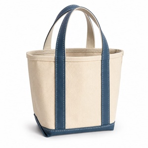 <b>Canvas</b> <b>Tote</b> Bag Beige with Navy Blue Trim Open Top Minimalist Style All Seasons Shopping Bag - Product Image 1