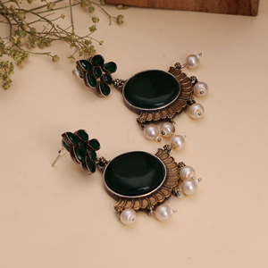 Oxidized Handmade Ethnic <b>Earrings</b> Featuring Green Stone Festive and Wedding Occasions - Product Image 4