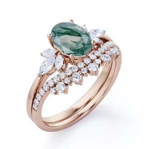 Bague d'éternité de mariée en agate verte mousse et diamant coupe ovale en argent sterling 925 Bague de fiançailles en agate mousse diamant - Product Image 5