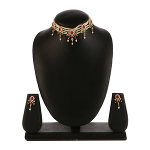 Bijoux traditionnels indiens pierre de couleur vert blanc et rose avec collier de perles de cristal de conception de forme florale pour la mariée - Product Image 2
