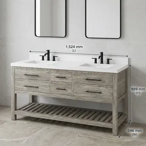 Wavecrest <b>Bathroom</b> Vanity Double Bowl 60 In Solid Wood Rustic Design Floor Standing With Drawers And Open Shelf Vanity - Product Image 6