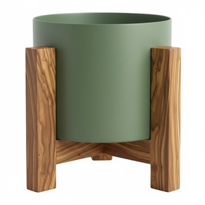 Deluxe Quality Large <b>White</b> Powder Coating Metal Planter With Acacia Wood Stand Indoor Floor Standing <b>Plant</b> <b>Pot</b> For Home Decor - Product Image 6