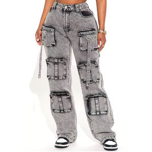 Luxury <b>Ladies</b> Baggy <b>Trouser</b> Quick Dry 8 Pockets Cargo Jeans Pant Streetwear Style Denim Pants with <b>Loose</b> Fit - Product Image 1