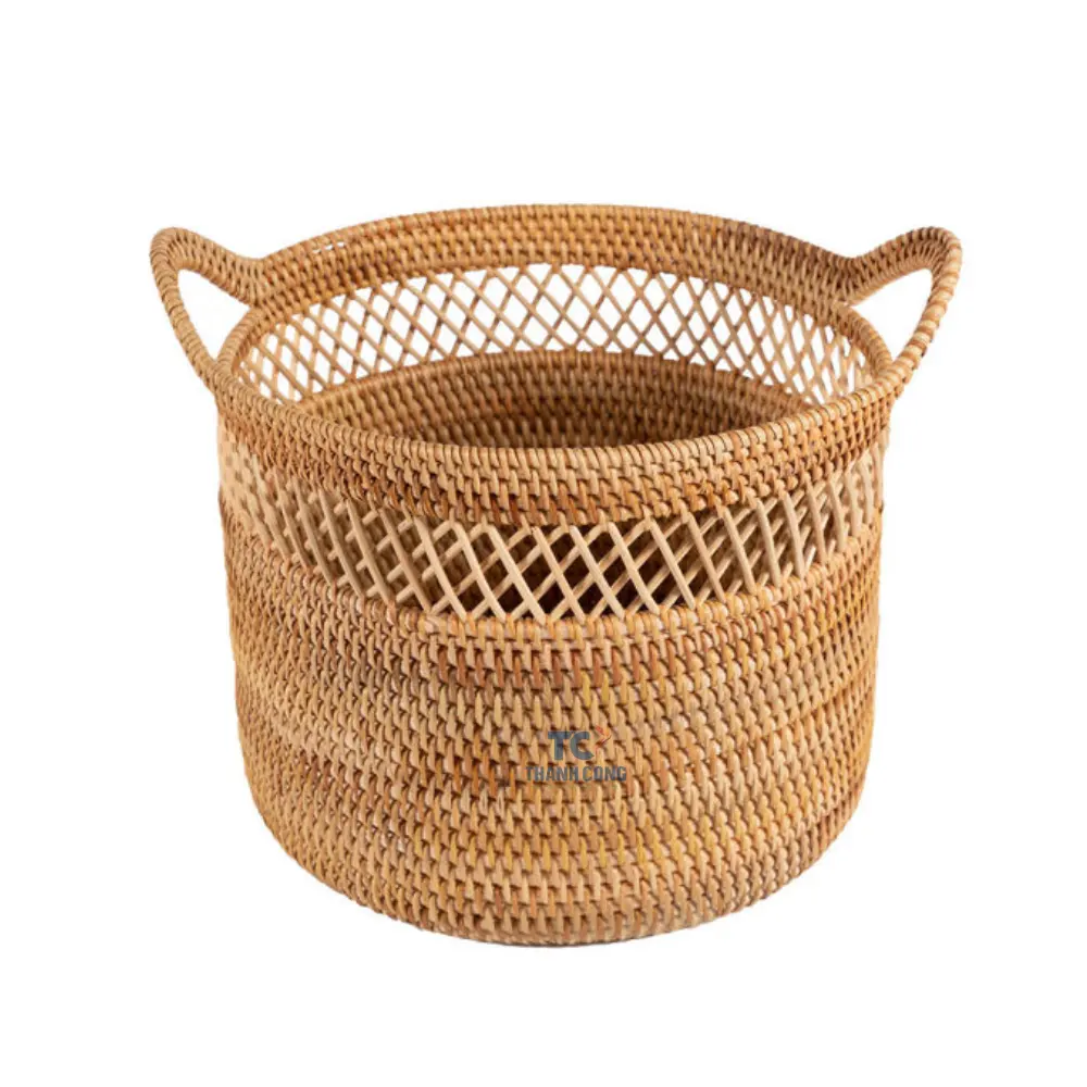 Amazon Tendência Quente Vietnã Fábrica Natural Handmade Rodada Rattan Cesta De Resíduos Com Tampa Cesta De Planta Ratan